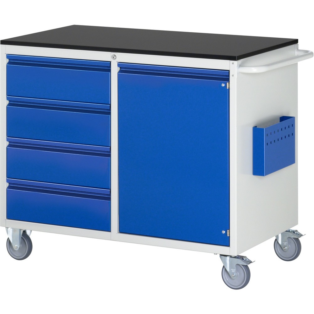 Produktabbildung: RAU Werkstattwagen Serie 7000, HxBxT 975 x 1.145 x 650 mm, 1 Flügeltür, 4 x 90%-Auszug-Schubladen 4 x 180 mm, Arbeitsplatte Melamin