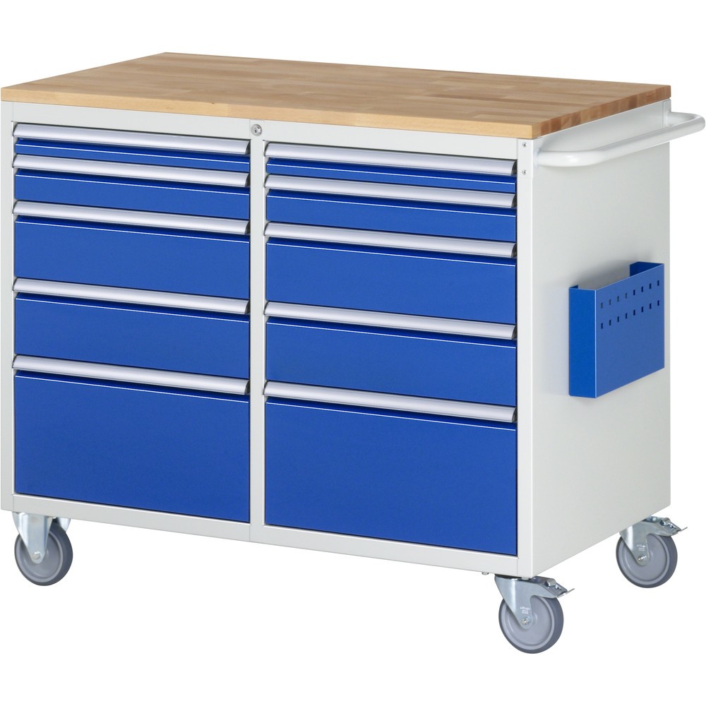 Produktabbildung: RAU Werkstattwagen Serie 7000, HxBxT 975 x 1.145 x 650 mm, 10 x 90%-Auszug-Schubladen 2 x 60, 2 x 90, 4 x 150, 2 x 270 mm, 5x links, 5x rechts, Arbeitsplatte Buche