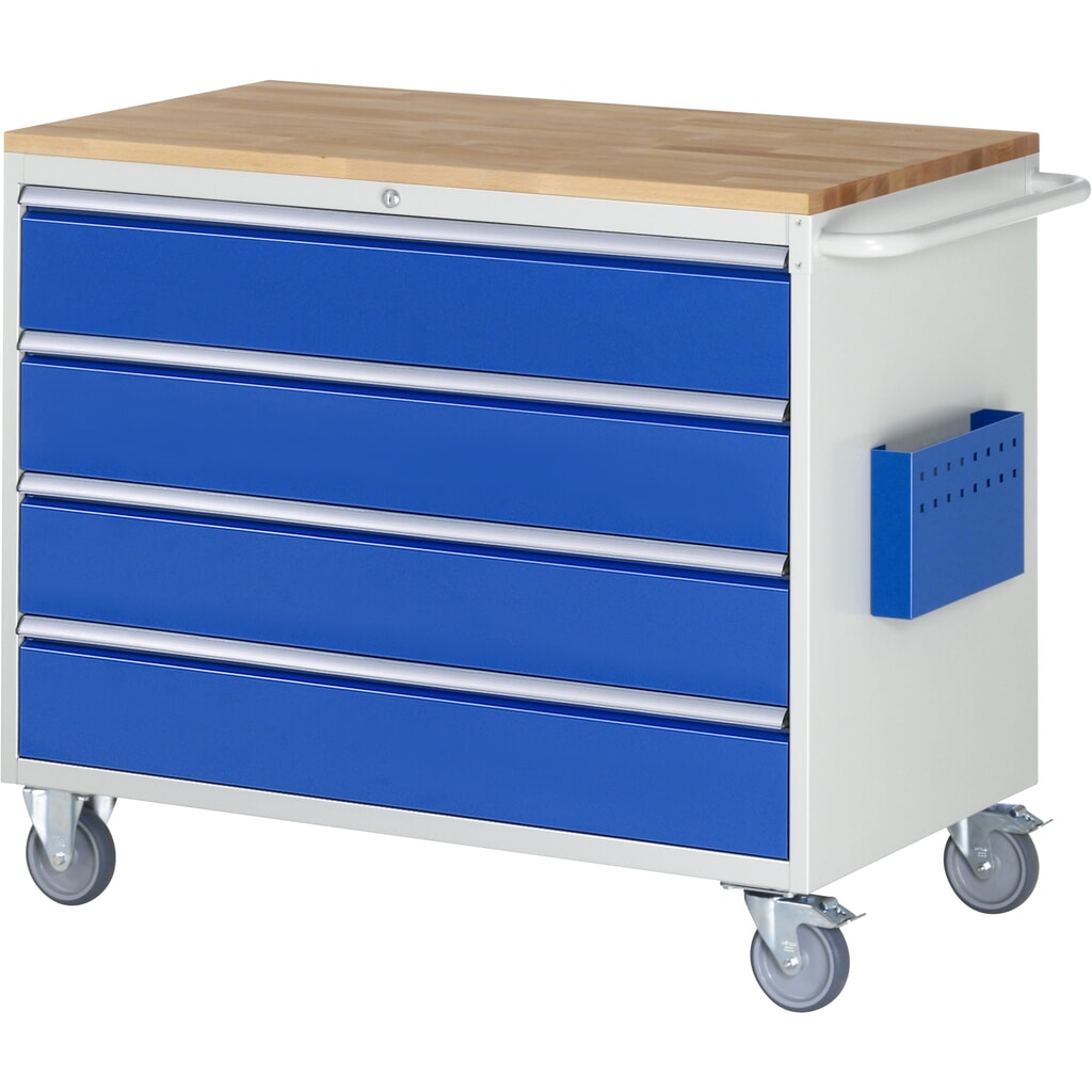 RAU Werkstattwagen Serie 7000, HxBxT 975 x 1.145 x 650 mm, 4 x 90%-Auszug-Schubladen 4 x 180 mm, Arbeitsplatte Buche Produktabbildung: RAU Werkstattwagen Serie 7000, HxBxT 975 x 1.145 x 650 mm, 4 x 90%-Auszug-Schubladen 4 x 180 mm, Arbeitsplatte Buche