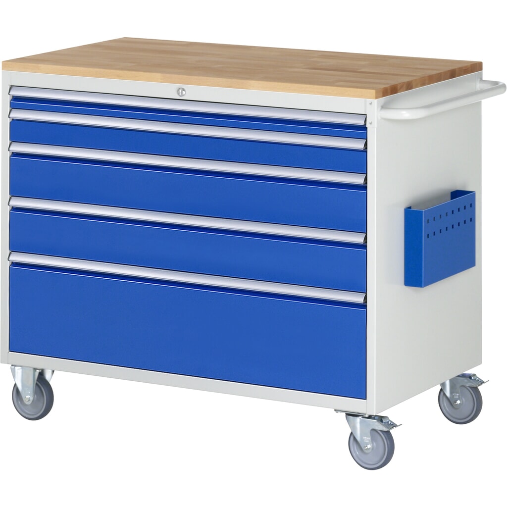 Produktabbildung: RAU Werkstattwagen Serie 7000, HxBxT 975 x 1.145 x 650 mm, 5 x 90%-Auszug-Schubladen 1 x 60 mm, 1 x 90, 2 x 150, 1 x 270 mm, Arbeitsplatte Buche