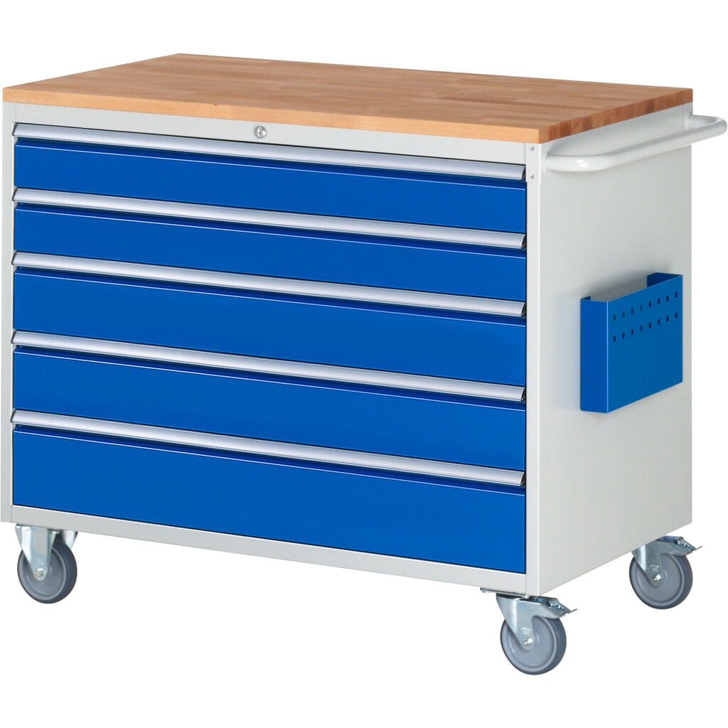 Produktabbildung: RAU Werkstattwagen Serie 7000, HxBxT 975 x 1.145 x 650 mm, 5 x 90%-Auszug-Schubladen 2 x 120, 2 x 150 mm, 1 x 180 mm, Arbeitsplatte Buche