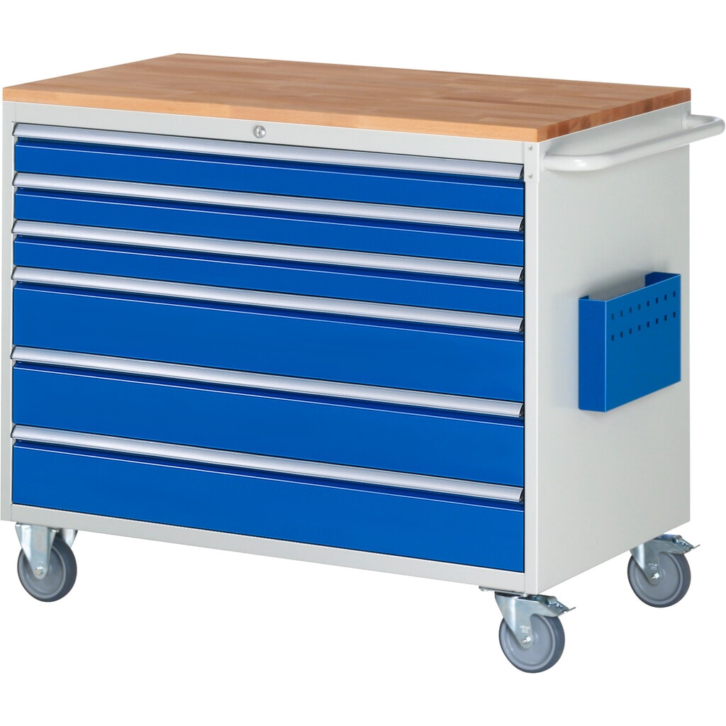 RAU Werkstattwagen Serie 7000, HxBxT 975 x 1.145 x 650 mm, 6 x 90%-Auszug-Schubladen 3 x 90, 3 x 150 mm, Arbeitsplatte Buche Produktabbildung: RAU Werkstattwagen Serie 7000, HxBxT 975 x 1.145 x 650 mm, 6 x 90%-Auszug-Schubladen 3 x 90, 3 x 150 mm, Arbeitsplatte Buche