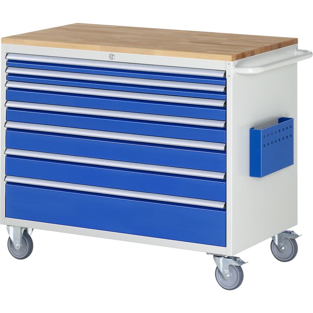 Produktabbildung: RAU Werkstattwagen Serie 7000, HxBxT 975 x 1.145 x 650 mm, 7 x 100%-Auszug-Schubladen 2 x 60, 2 x 90, 2 x 120, 1 x 180 mm, Arbeitsplatte Buche