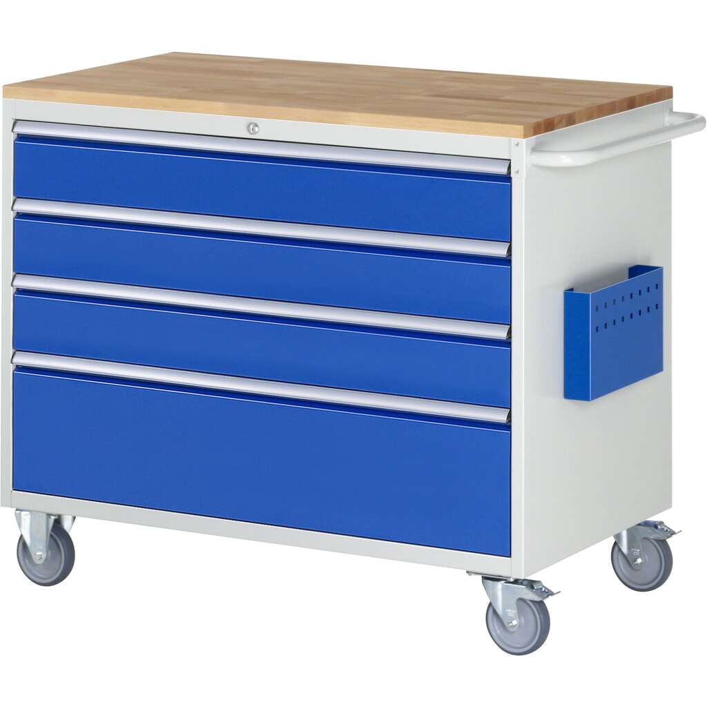 RAU Werkstattwagen Serie 7000, HxBxT 975 x 1.145 x 650 mm, 4 x 90%-Auszug-Schubladen 3 x 150, 1 x 270 mm, Arbeitsplatte Buche Produktabbildung: RAU Werkstattwagen Serie 7000, HxBxT 975 x 1.145 x 650 mm, 4 x 90%-Auszug-Schubladen 3 x 150, 1 x 270 mm, Arbeitsplatte Buche