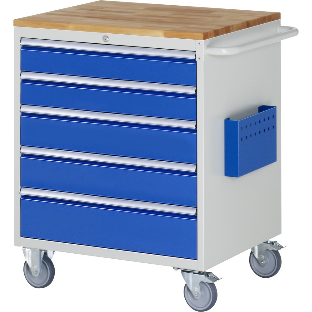 Produktabbildung: RAU Werkstattwagen Serie 7000, HxBxT 975 x 770 x 650 mm, 5 x 90%-Auszug-Schubladen 2 x 120, 2 x 150, 1 x 180 mm, Arbeitsplatte Buche