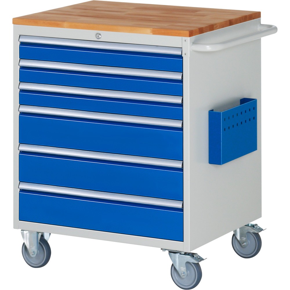 Produktabbildung Nr. 1: RAU Werkstattwagen Serie 7000, HxBxT 975 x 770 x 650 mm, 6 x 90%-Auszug-Schubladen 3 x 90, 3 x 150 mm, Arbeitsplatte Buche