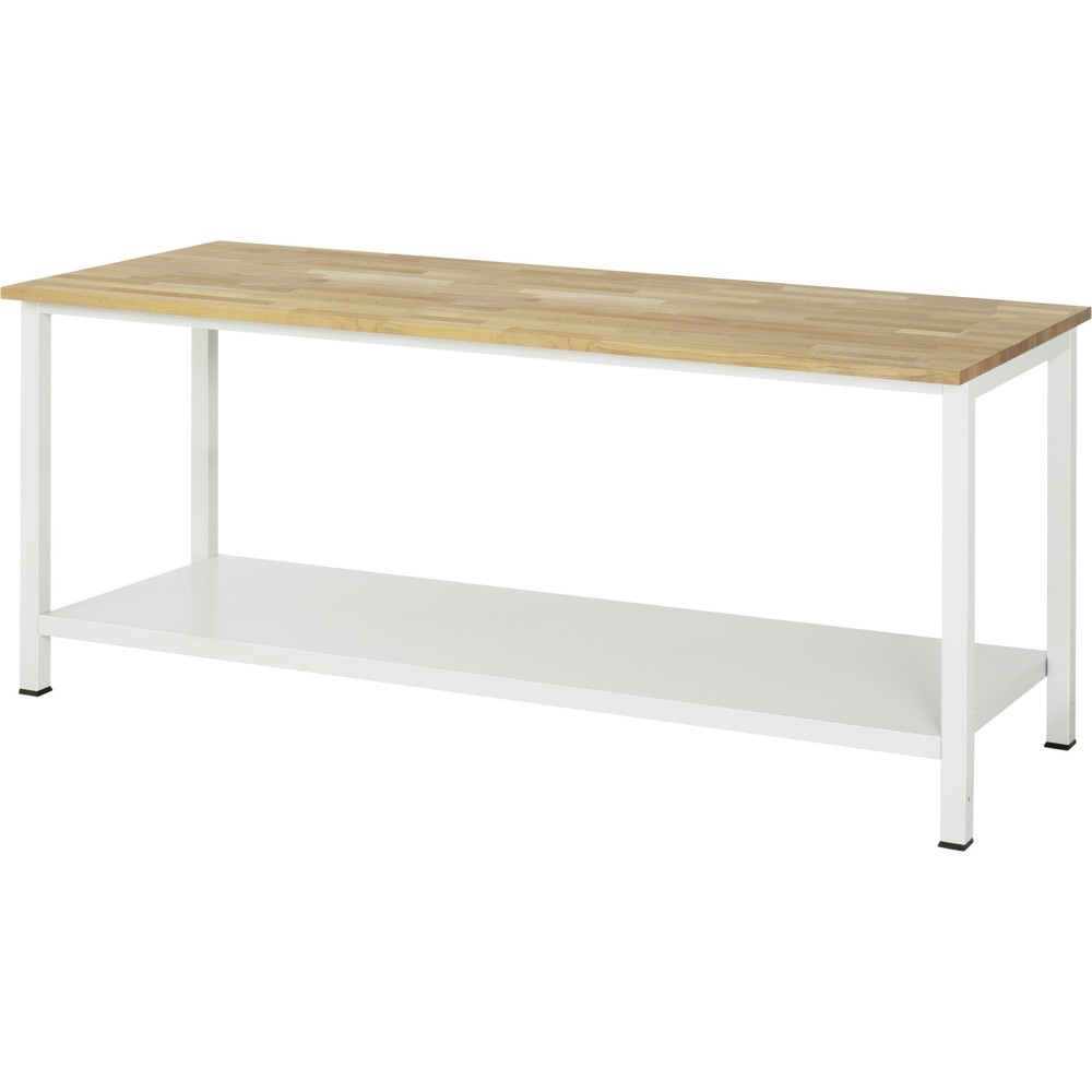 Produktabbildung: RAU Werktisch 900 mit Ablageboden Tiefe 650 mm, HxBxT 825 x 2.500 x 800 mm, Arbeitplatte Buche-Massiv