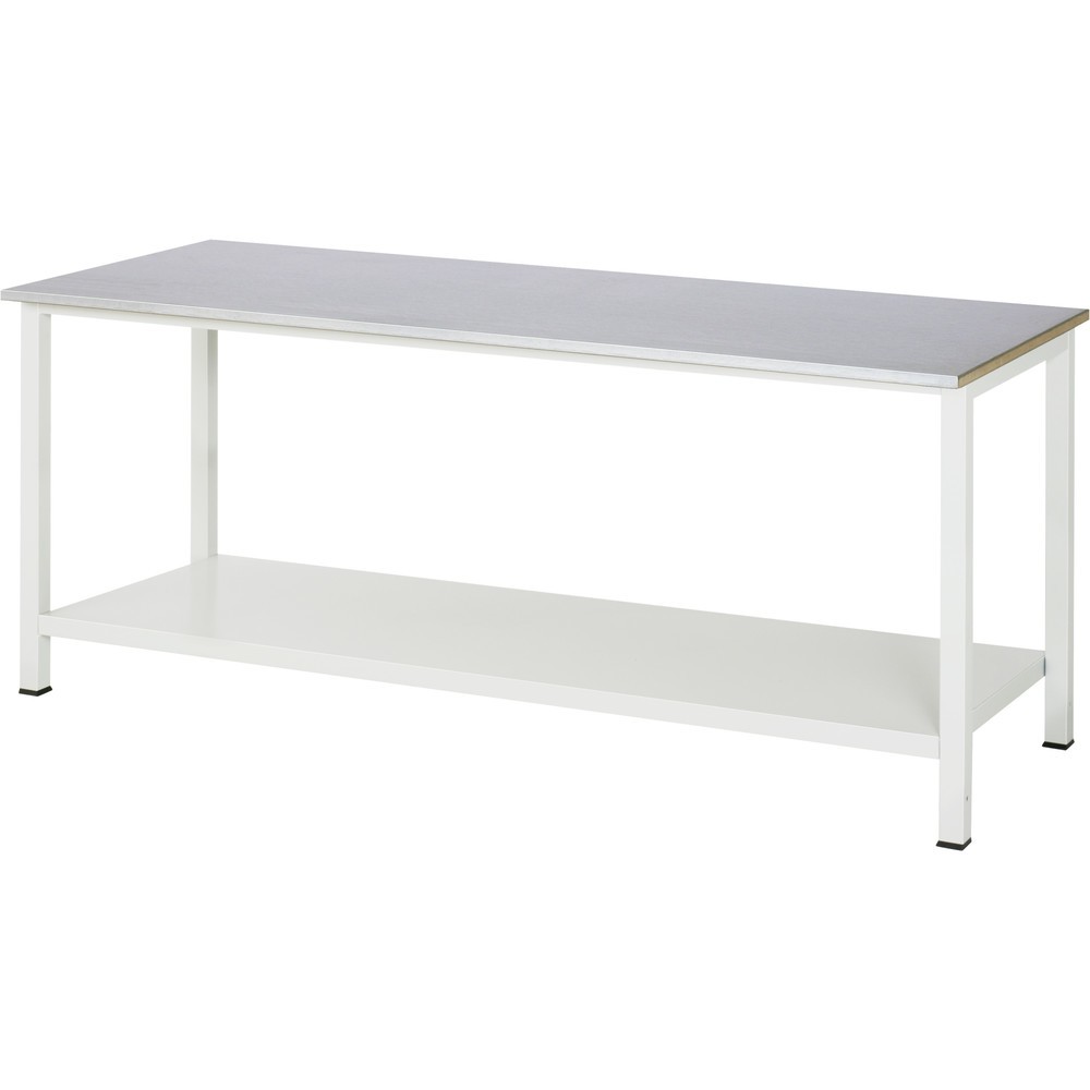 Produktabbildung: RAU Werktisch 900 mit Ablageboden Tiefe 650 mm, HxBxT 825 x 2.500 x 800 mm, Arbeitplatte Edelstahlblech-Belag