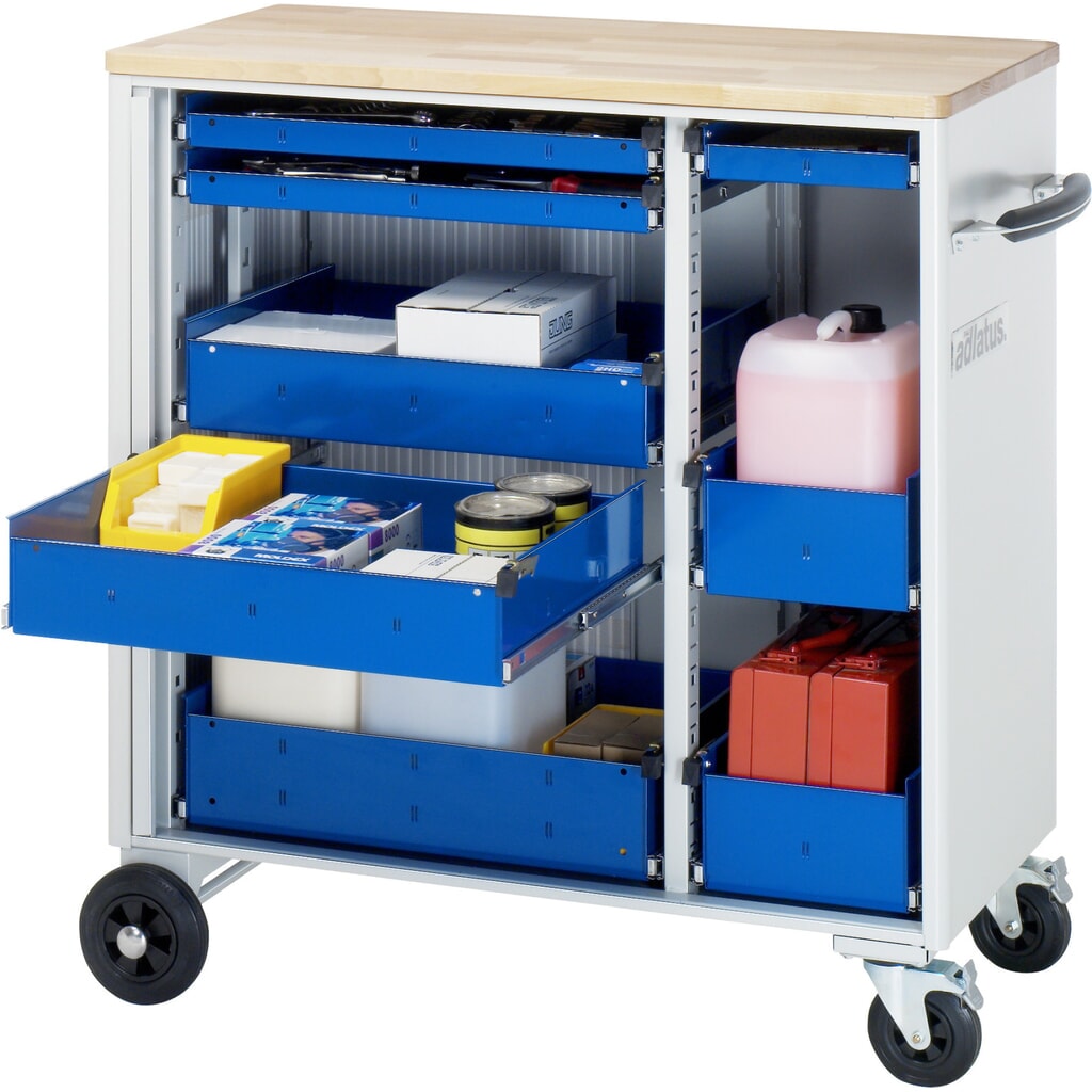 RAU Werkzeugwagen Serie adlatus, HxBxT 1.080 x 1.025 x 520 mm, 8 Schubladen 3 x 40, 2 x 105, 3 x 130 mm, Arbeitsplatte Buche Produktabbildung: RAU Werkzeugwagen Serie adlatus, HxBxT 1.080 x 1.025 x 520 mm, 8 Schubladen 3 x 40, 2 x 105, 3 x 130 mm, Arbeitsplatte Buche
