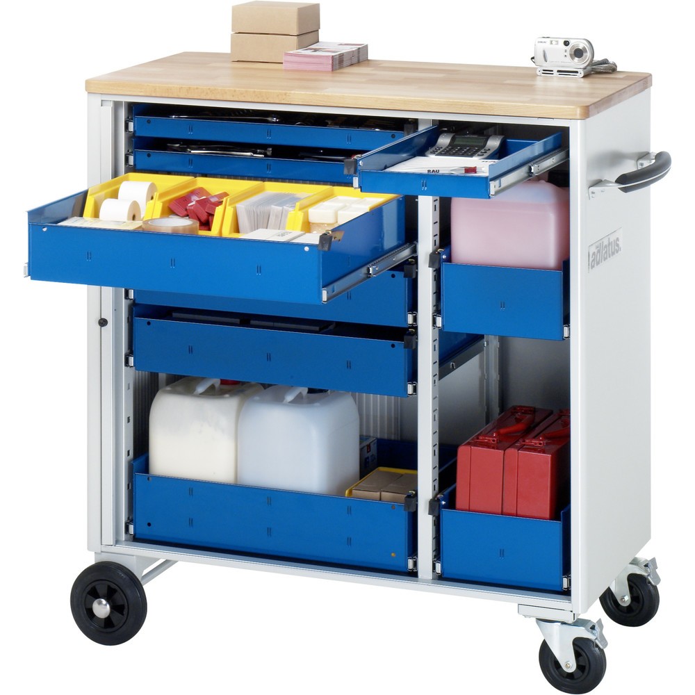 Produktabbildung: RAU Werkzeugwagen Serie adlatus, HxBxT 1.080 x 1.025 x 520 mm, 9 Schubladen 3 x 40, 3 x 105, 3 x 130 mm, Arbeitsplatte Buche