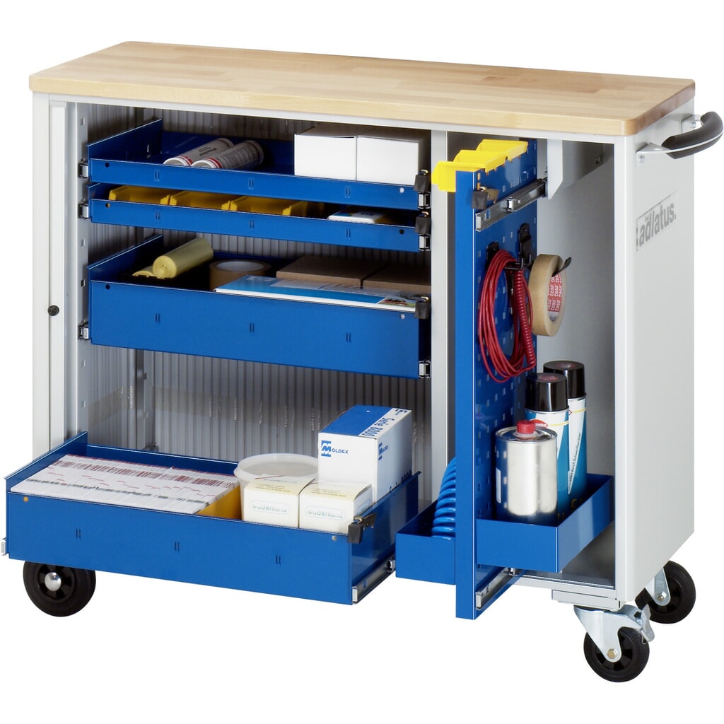 RAU Werkzeugwagen Serie adlatus, HxBxT 860 x 1.025 x 400 mm, 4 Schubladen 2 x 40, 2 x 105 mm, Arbeitsplatte Buche Produktabbildung: RAU Werkzeugwagen Serie adlatus, HxBxT 860 x 1.025 x 400 mm, 4 Schubladen 2 x 40, 2 x 105 mm, Arbeitsplatte Buche