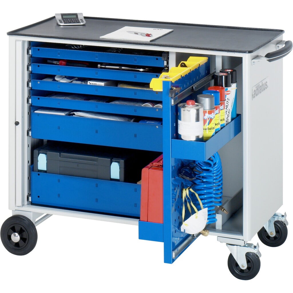 Produktabbildung: RAU Werkzeugwagen Serie adlatus, HxBxT 890 x 1.025 x 520 mm, 6 Schubladen 4 x 40, 1 x 105, 1 x 130 mm, Arbeitsplatte Metall
