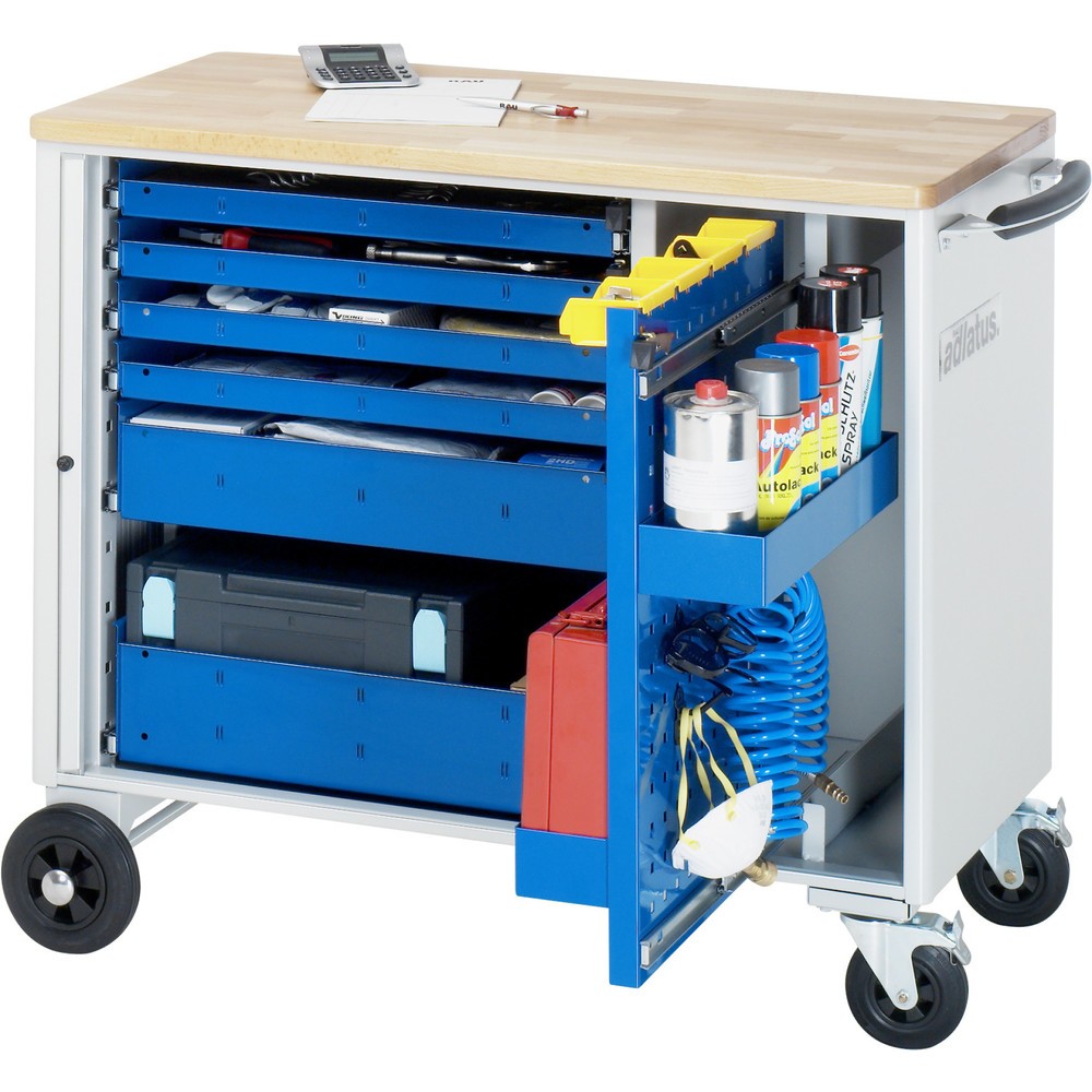 Produktabbildung: RAU Werkzeugwagen Serie adlatus, HxBxT 890 x 1.025 x 520 mm, 6 Schubladen 4 x 40, 1 x 105, 1 x 130 mm, Arbeitsplatte Buche