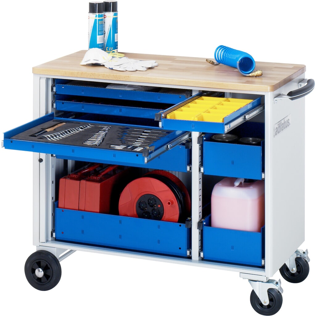 RAU Werkzeugwagen Serie adlatus, HxBxT 890 x 1.025 x 520 mm, 8 Schubladen 3 x 40, 1 x 105, 1 x 130 mm, Arbeitsplatte Buche Produktabbildung: RAU Werkzeugwagen Serie adlatus, HxBxT 890 x 1.025 x 520 mm, 8 Schubladen 3 x 40, 1 x 105, 1 x 130 mm, Arbeitsplatte Buche