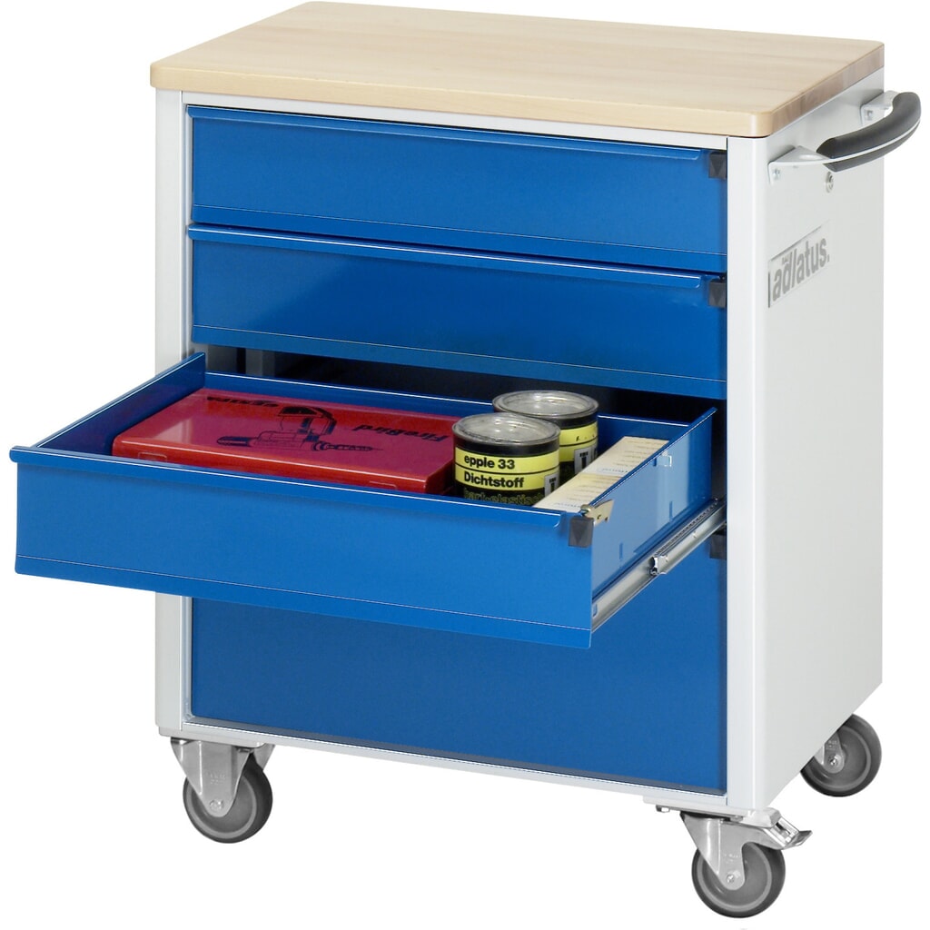 Produktabbildung: RAU Werkzeugwagen Serie adlatus 700, HxBxT 860 x 700 x 510 mm, 4 Schubladen 3 x 130, 1 x 260 mm, Arbeitsplatte Buche