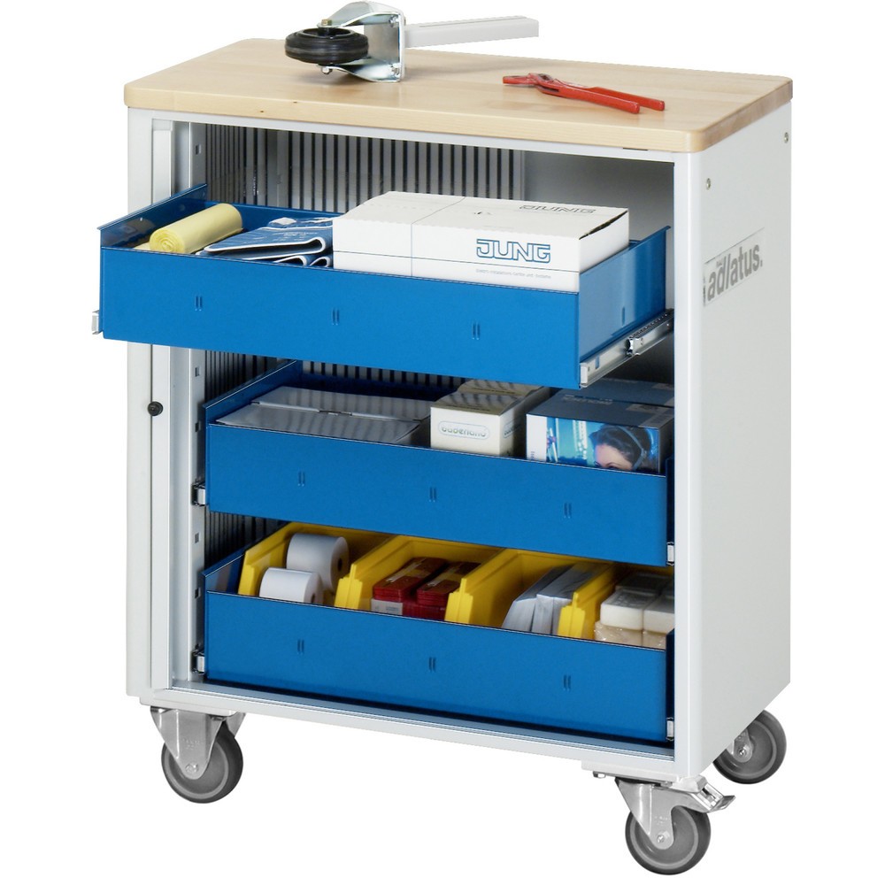 Produktabbildung: RAU Werkzeugwagen Serie adlatus 700, HxBxT 860 x 725 x 400 mm, 3 Schubladen ohne Einzelsicherung, 3 x 105 mm, Arbeitsplatte Buche