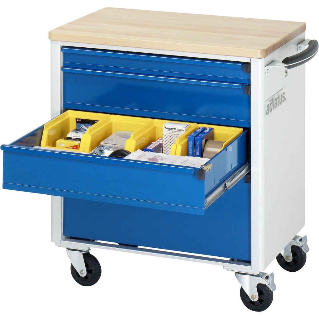 RAU Werkzeugwagen Serie adlatus 700, HxBxT 790 x 700 x 510 mm, 4 Schubladen 1 x 65, 2 x 130, 1 x 260 mm, Arbeitsplatte Buche Produktabbildung: RAU Werkzeugwagen Serie adlatus 700, HxBxT 790 x 700 x 510 mm, 4 Schubladen 1 x 65, 2 x 130, 1 x 260 mm, Arbeitsplatte Buche