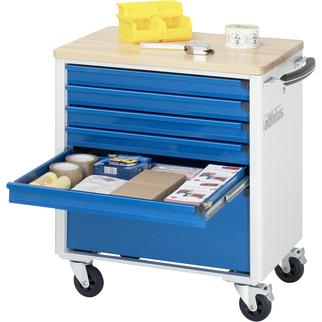 RAU Werkzeugwagen Serie adlatus 700, HxBxT 790 x 700 x 510 mm, 6 Schubladen 5 x 65, 1 x 260 mm, Arbeitsplatte Buche Produktabbildung: RAU Werkzeugwagen Serie adlatus 700, HxBxT 790 x 700 x 510 mm, 6 Schubladen 5 x 65, 1 x 260 mm, Arbeitsplatte Buche