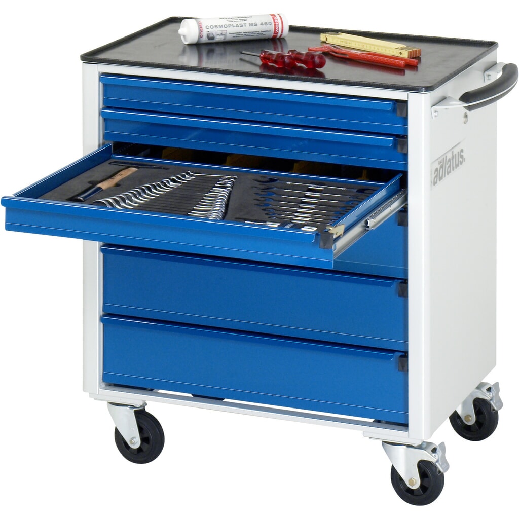Produktabbildung: RAU Werkzeugwagen Serie adlatus 700, HxBxT 790 x 700 x 510 mm, 6 Schubladen 3 x 65, 3 x 130 mm, Arbeitsplatte Metall