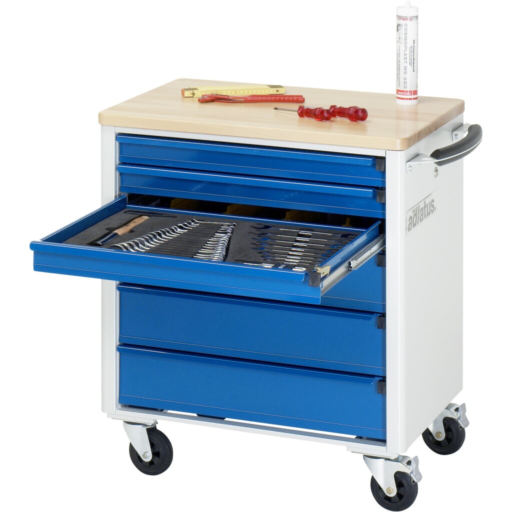 RAU Werkzeugwagen Serie adlatus 700, HxBxT 790 x 700 x 510 mm, 6 Schubladen 3 x 65, 3 x 130 mm, Arbeitsplatte Buche Produktabbildung: RAU Werkzeugwagen Serie adlatus 700, HxBxT 790 x 700 x 510 mm, 6 Schubladen 3 x 65, 3 x 130 mm, Arbeitsplatte Buche