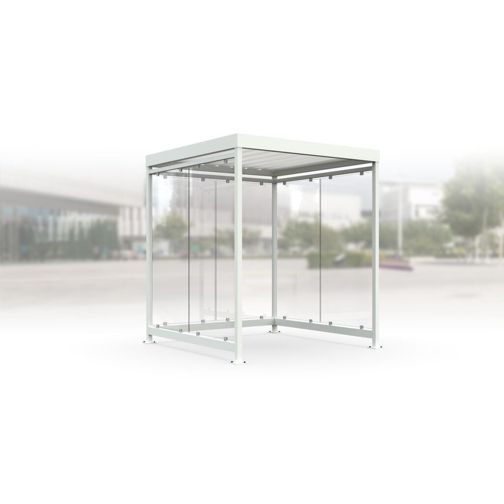 Raucherunterstand, fertig montiert, für 4-5 Personen, 3-seitig, grauweiß, Klares Glas 01 Produktabbildung: Raucherunterstand, fertig montiert, für 4-5 Personen, 3-seitig, grauweiß, Klares Glas 01