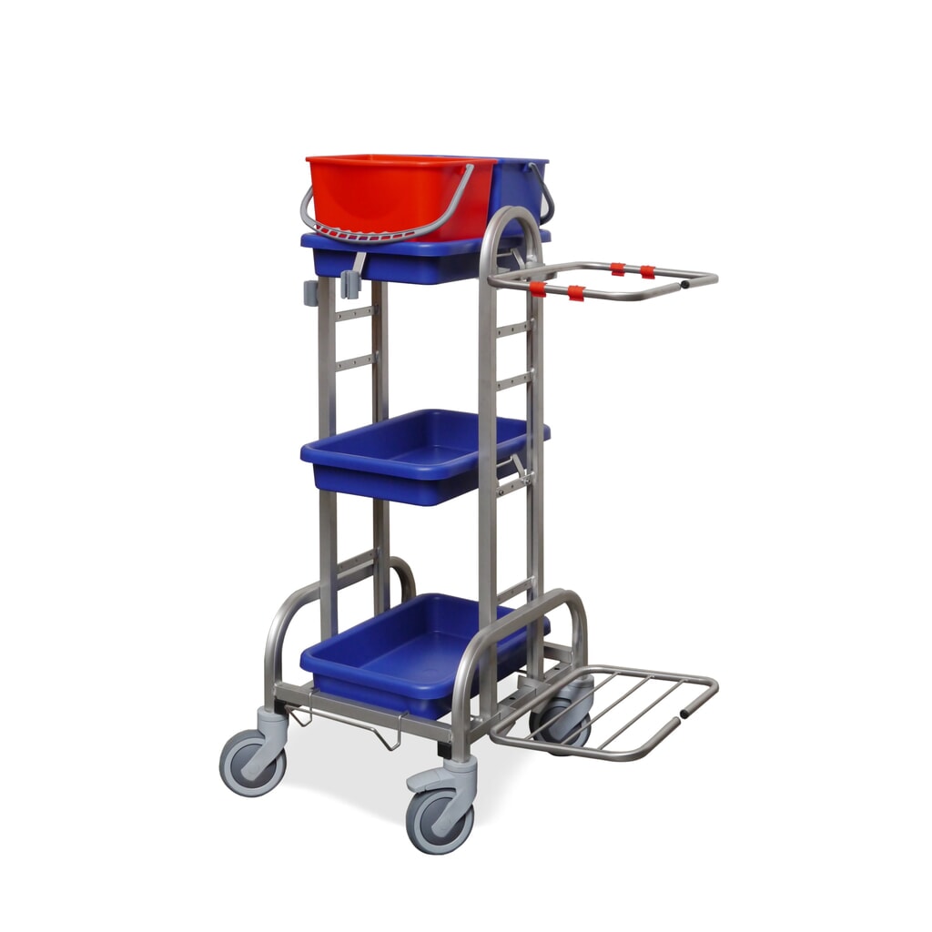 Reinigungswagen Edelstahl III, 2x 10 Liter, Halterahmen für 120-Liter-Abfallsack, 3 Auffangschalen Produktabbildung: Reinigungswagen Edelstahl III, 2x 10 Liter, Halterahmen für 120-Liter-Abfallsack, 3 Auffangschalen