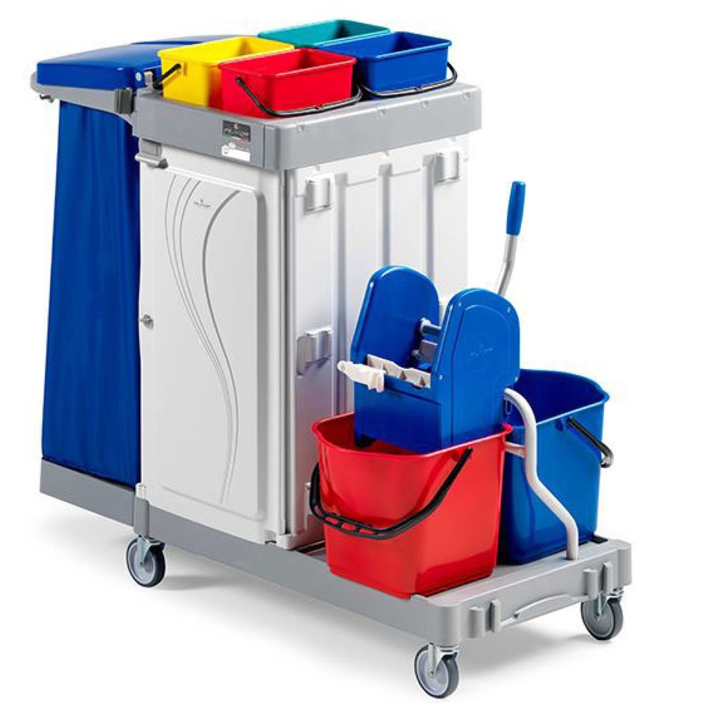 Produktabbildung: Reinigungswagen Poly III, 2x 15 Liter mit Mopp-Presse + 4x 4 Liter, abschließbare Mittelfächer