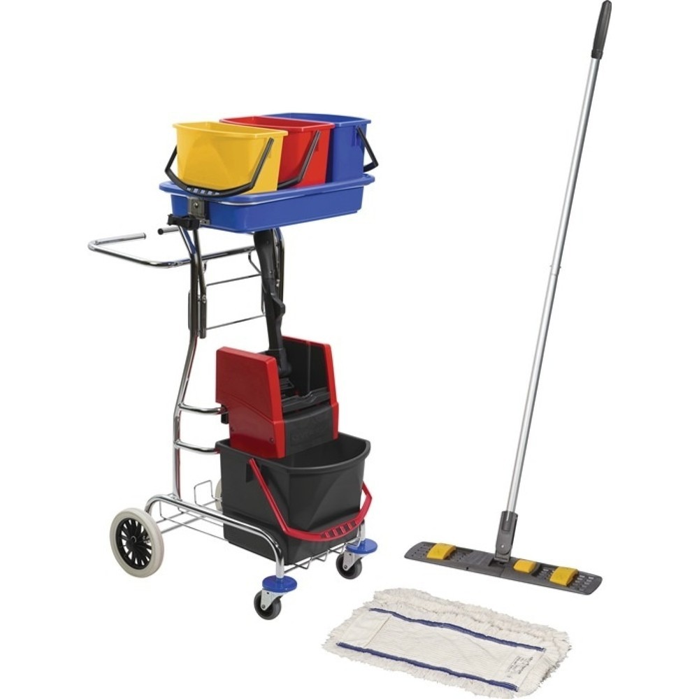Produktabbildung: Reinigungswagenset, Halter/5Mopps Stahlrohr, Eimer 1x17l, 3x6l/Presse/Stiel/