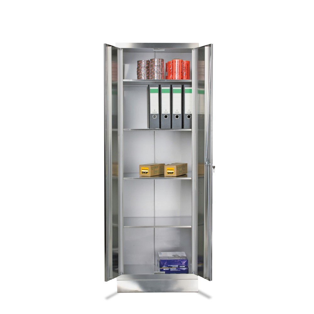 Produktabbildung: Reinsch Akten- & Lagerschrank aus Edelstahl, 2-flügelig, 4 feste Böden, HxBxT 1.800 x 600 x 500 mm, Sockel