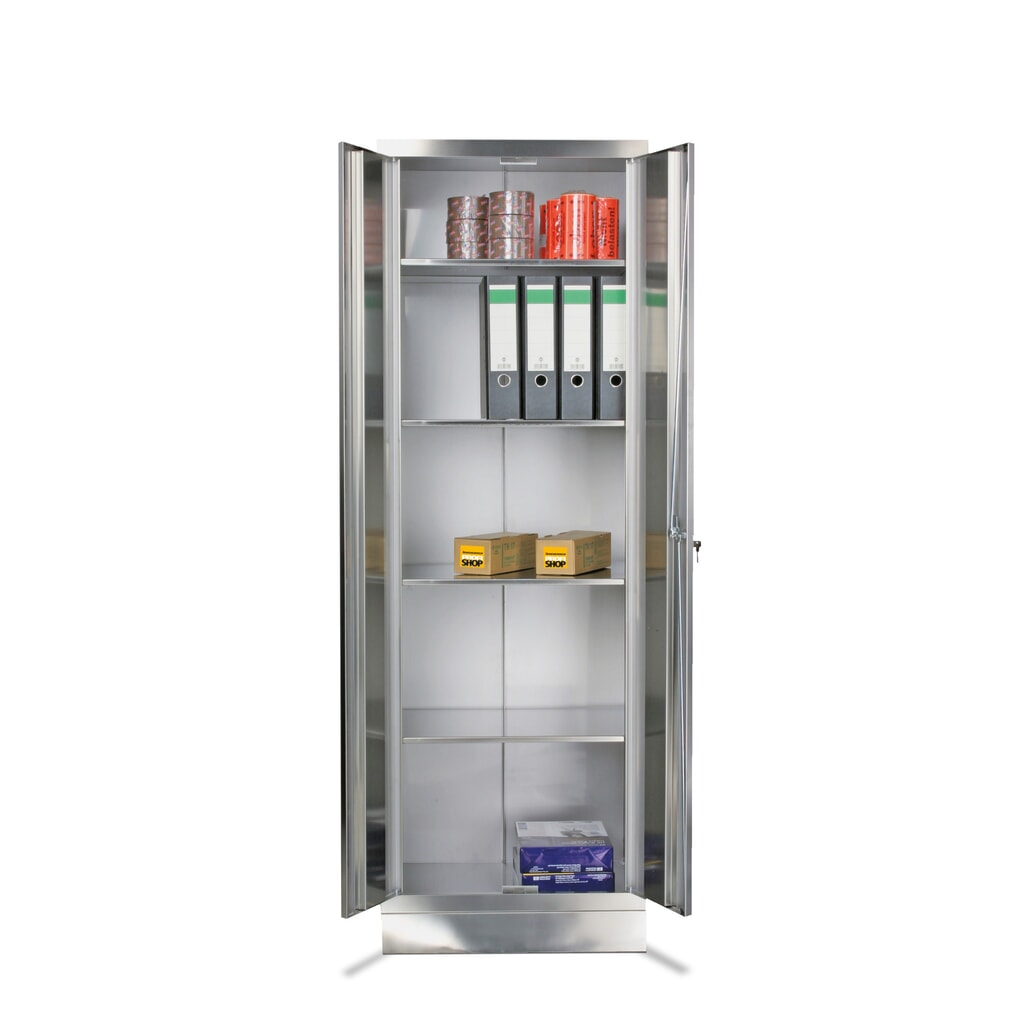 Produktabbildung: Reinsch Akten- & Lagerschrank aus Edelstahl, 2-flügelig, 4 feste Böden, HxBxT 1.800 x 600 x 500 mm, Sockel