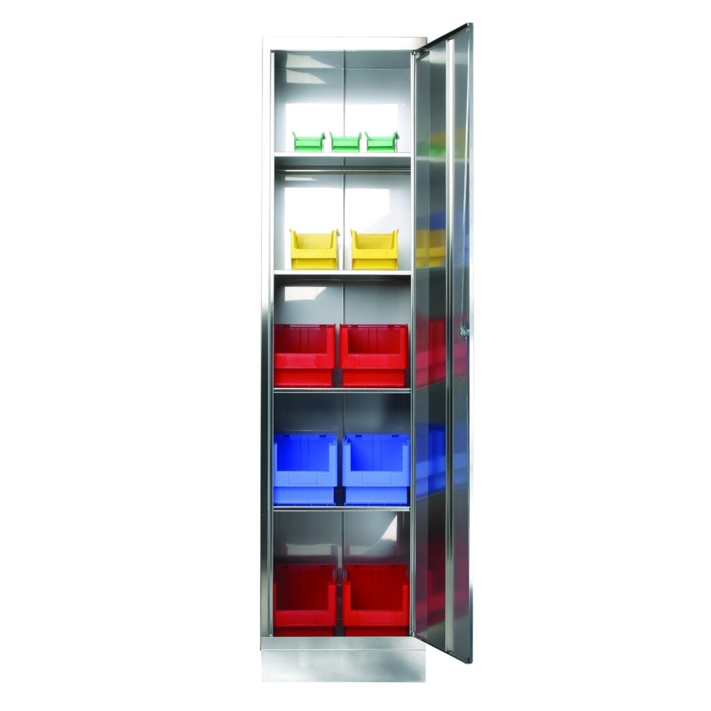 Reinsch Flügeltürenschrank aus Edelstahl, 1-flügelig, 4 Einlegeböden, HxBxT 1.950 x 500 x 400 mm, Sockel Produktabbildung: Reinsch Flügeltürenschrank aus Edelstahl, 1-flügelig, 4 Einlegeböden, HxBxT 1.950 x 500 x 400 mm, Sockel