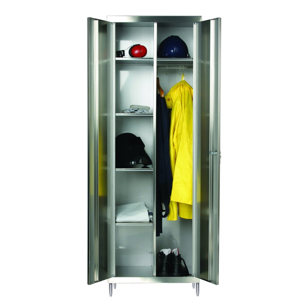Produktabbildung: Reinsch Kleiderschrank aus Edelstahl, 2-flügelig, 1 Kleiderstange, 5 Böden, HxBxT 1.850 x 600 x 500 mm, höhenverstellbare Füße
