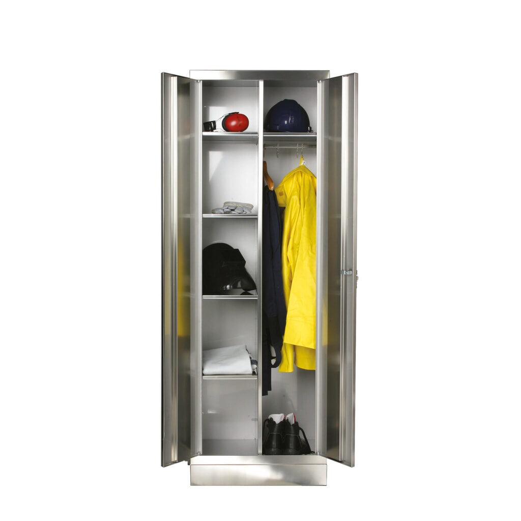 Reinsch Kleiderschrank aus Edelstahl, 2-flügelig, 1 Kleiderstange, 5 Böden, HxBxT 1.800 x 600 x 500 mm, Sockel Produktabbildung: Reinsch Kleiderschrank aus Edelstahl, 2-flügelig, 1 Kleiderstange, 5 Böden, HxBxT 1.800 x 600 x 500 mm, Sockel