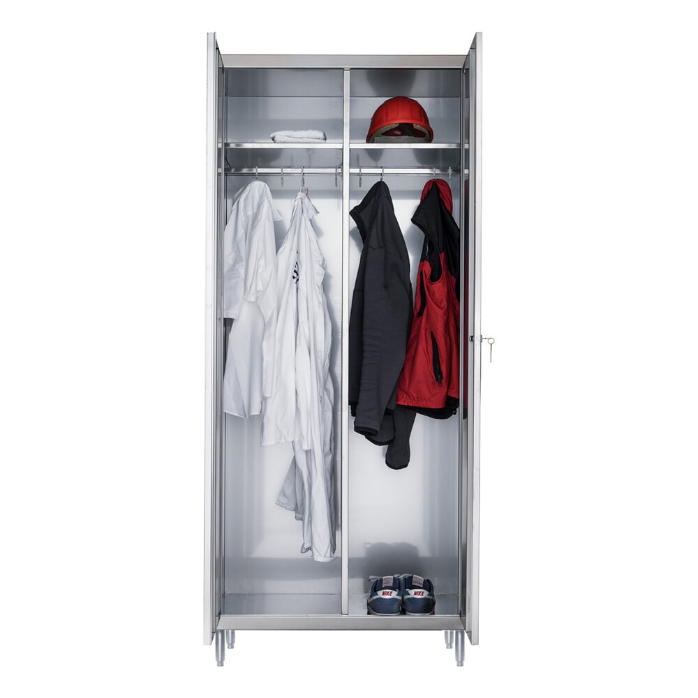 Produktabbildung Nr. 1: Reinsch Kleiderspind aus Edelstahl, 2 Kleiderstangen, 2 Hutböden, HxBxT 1.850 x 800 x 500 mm, höhenverstellbare Füße