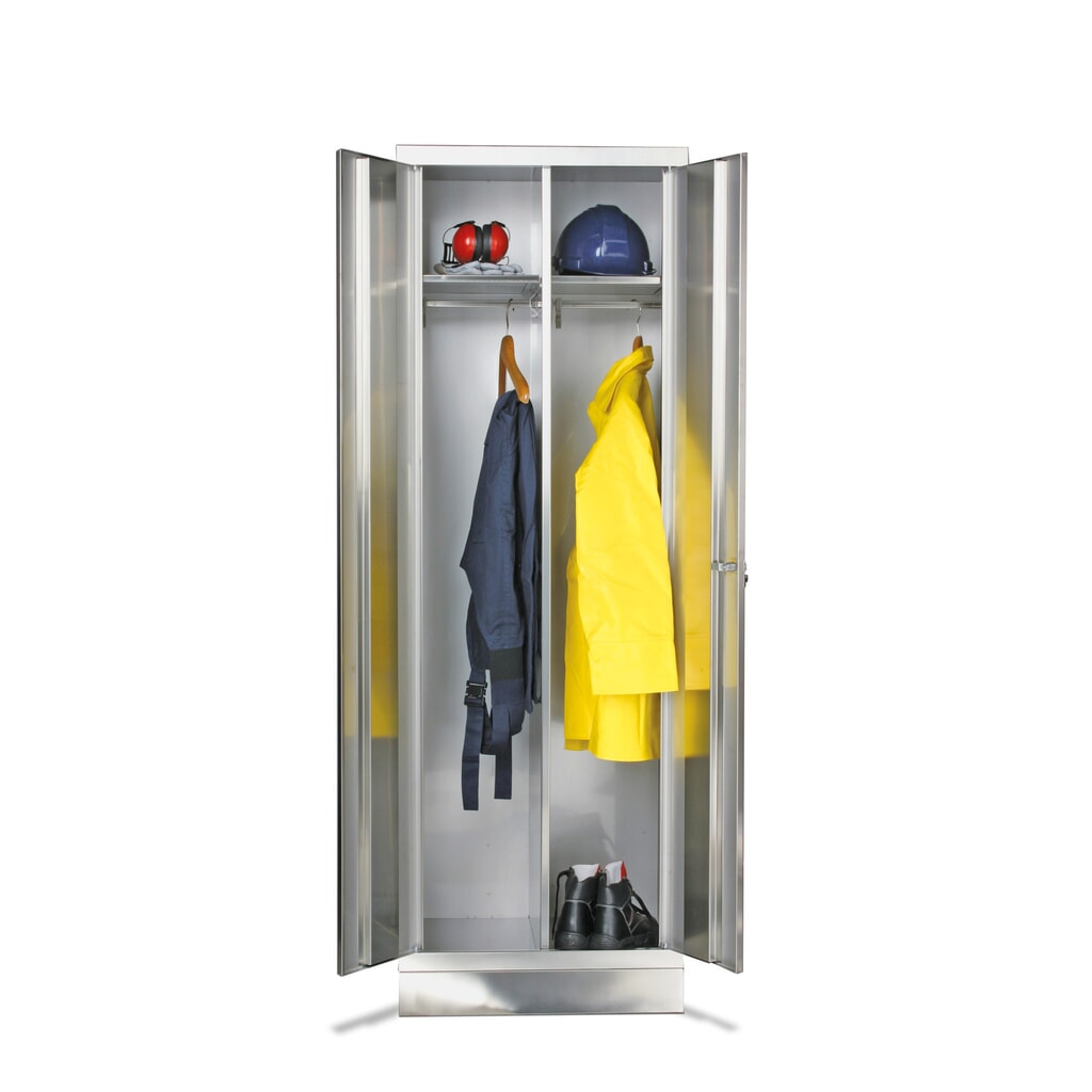 Reinsch Kleiderspind aus Edelstahl, 2 Kleiderstangen, 2 Hutböden, HxBxT 1.800 x 600 x 500 mm, Sockel Produktabbildung: Reinsch Kleiderspind aus Edelstahl, 2 Kleiderstangen, 2 Hutböden, HxBxT 1.800 x 600 x 500 mm, Sockel