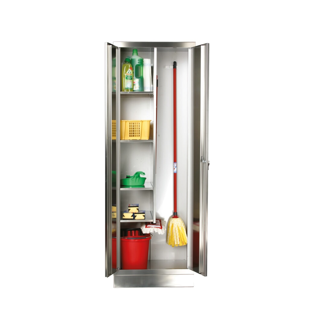 Reinsch Putzmittelschrank aus Edelstahl, 2-flügelig, 4 Einlegeböden, HxBxT 1.800 x 600 x 500 mm, Sockel Produktabbildung: Reinsch Putzmittelschrank aus Edelstahl, 2-flügelig, 4 Einlegeböden, HxBxT 1.800 x 600 x 500 mm, Sockel