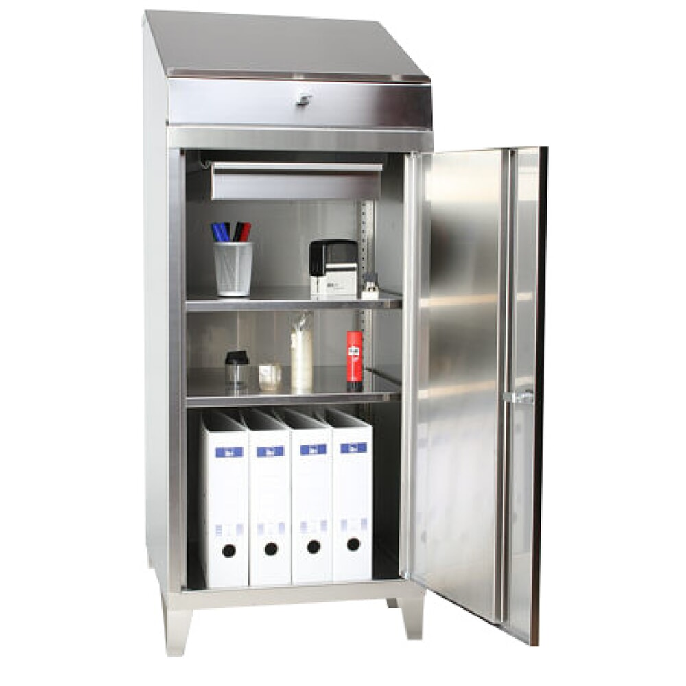 Produktabbildung: Reinsch Stehpult aus Edelstahl, 2 Fachböden, 1 Schublade, HxBxT 1.390 x 500 x 500 mm, Füße