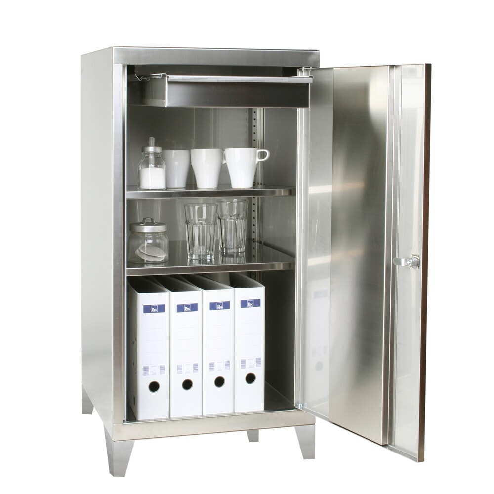 Produktabbildung: Reinsch Beistellschrank aus Edelstahl, 1-flügelig, 2 Fachböden, 1 Schublade, HxBxT 1.100 x 500 x 500 mm, Füße