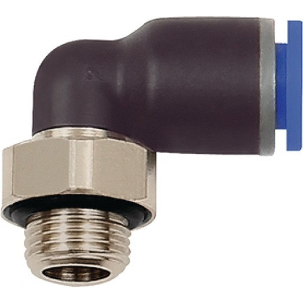 Produktabbildung: RIEGLER L-Steckverschraubung Blaue Serie, mit O-Ring, drehbar zylindrisch, Außengewinde G 1/4 ″ SW 17 mm, 6 mm