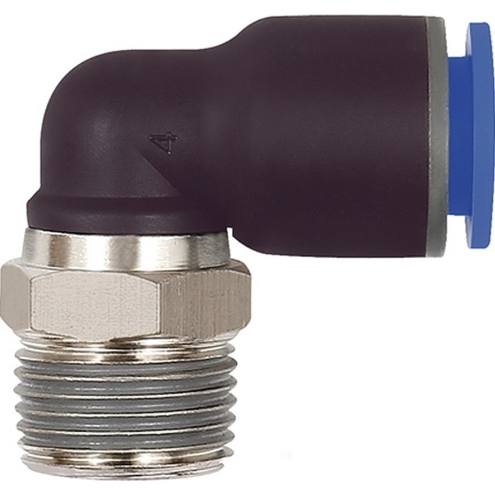 Produktabbildung: RIEGLER L-Steckverschraubung Blaue Serie, mit Gewindebeschichtung, drehbar konisch, Außengewinde R 1/2 ″ SW 21 mm, 10 mm
