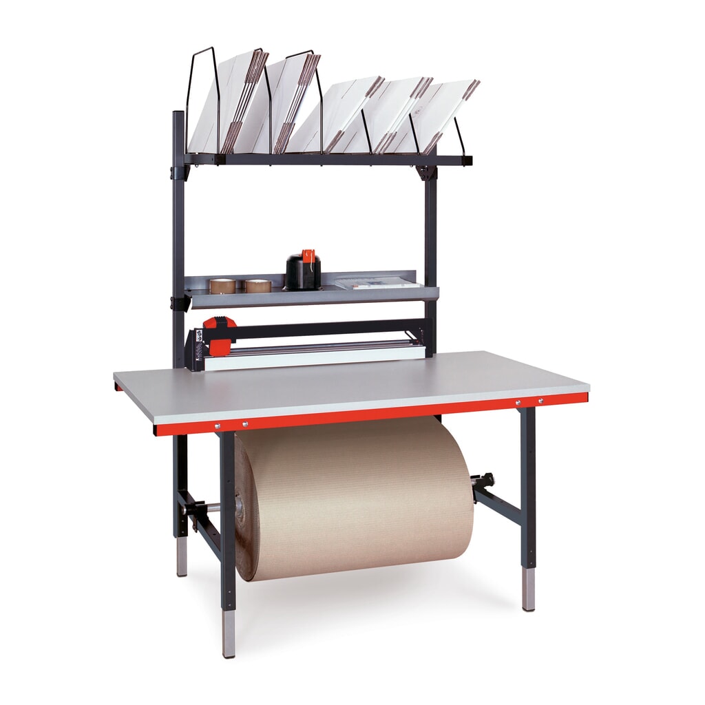 Produktabbildung: Rocholz Manuell höhenverstellbarer Packtisch SYSTEM 2000, Komplett-Paket mit Schneidvorrichtung, Schnittbreite 1000 mm, HxBxT 690-960 x 1.600 x 800 mm