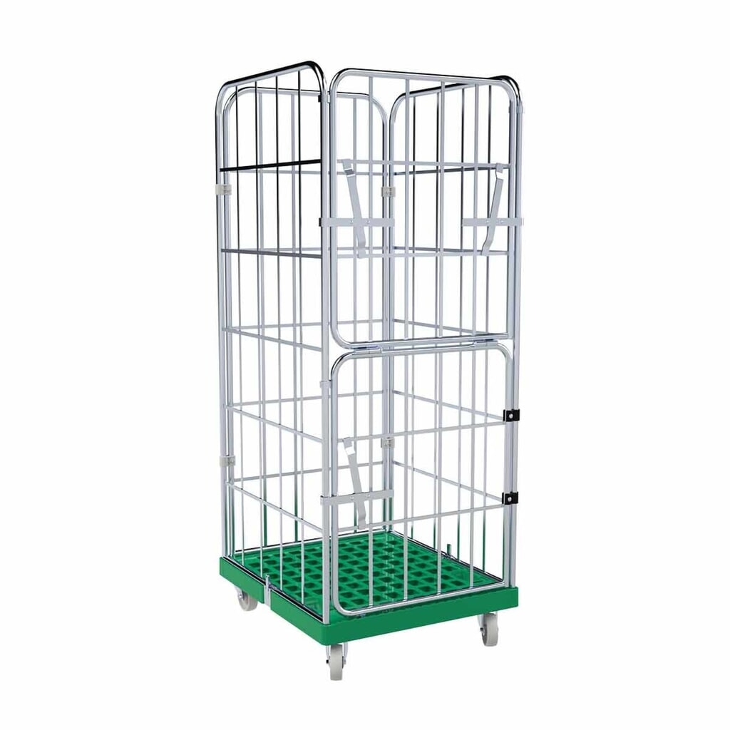 Produktabbildung: Rollbehälter, 4-seitig, halb abklappbare Vorderwand, Kunststoff-Rollplatte, HxBxT 1.850 x 724 x 815 mm, verkehrsgrün