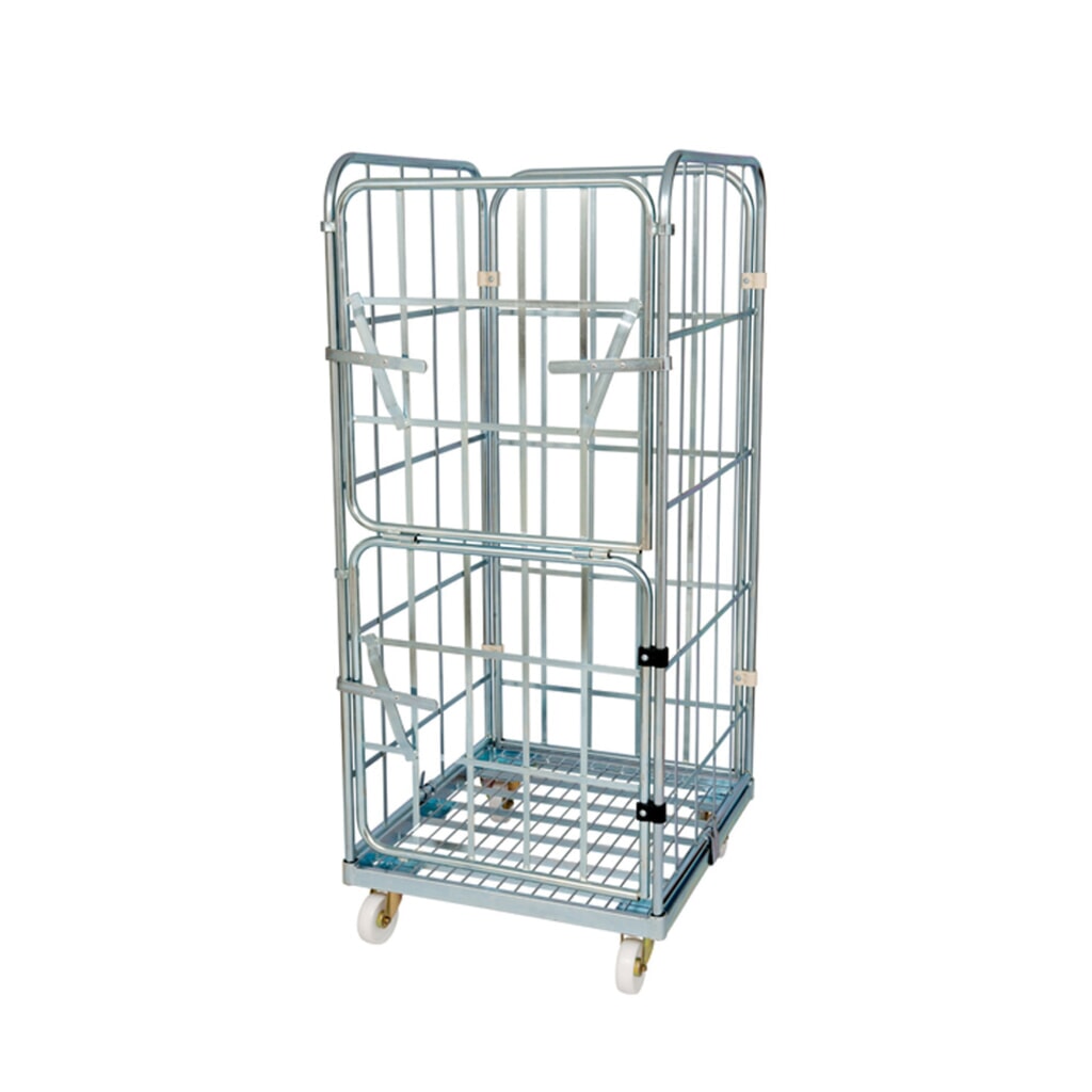 Rollbehälter, 4-seitig, halb abklappbare Vorderwand, Stahl-Rollplatte, HxBxT 1.650 x 710 x 800 mm Produktabbildung: Rollbehälter, 4-seitig, halb abklappbare Vorderwand, Stahl-Rollplatte, HxBxT 1.650 x 710 x 800 mm