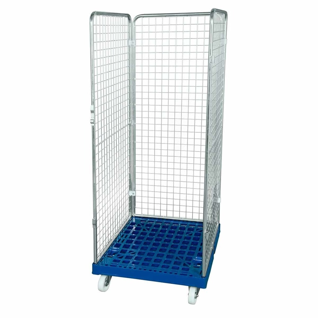 Rollbehälter Classic, 3-seitig, feinmaschig, blau verzinkt, Kunststoff-Rollplatte, HxBxT 1.800 x 724 x 815 mm, enzianblau Produktabbildung: Rollbehälter Classic, 3-seitig, feinmaschig, blau verzinkt, Kunststoff-Rollplatte, HxBxT 1.800 x 724 x 815 mm, enzianblau