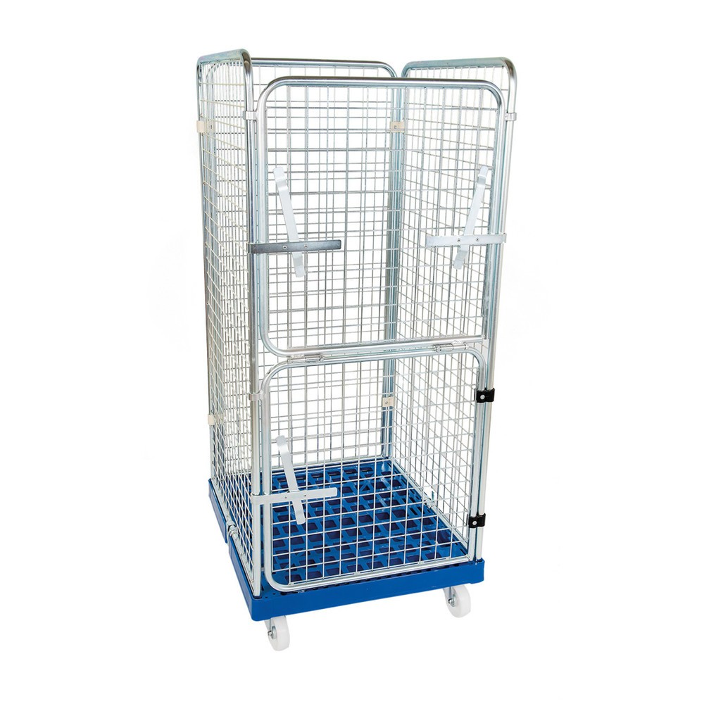 Produktabbildung: Rollbehälter Classic, 4-seitig, feinmaschig, blau verzinkt, Kunststoff-Rollplatte, CT-Verschluss, HxBxT 1.650 x 724 x 815 mm, enzianblau
