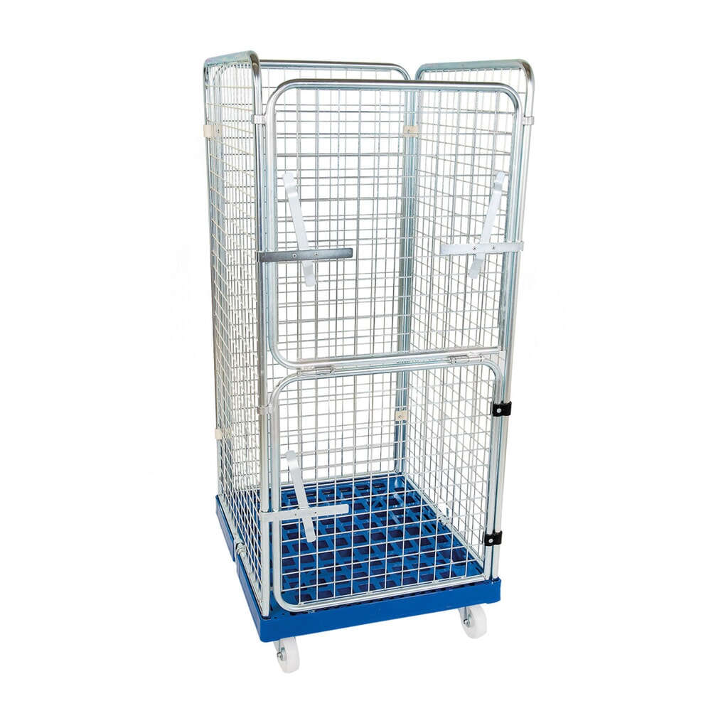 Produktabbildung: Rollbehälter Classic, 4-seitig, feinmaschig, blau verzinkt, Kunststoff-Rollplatte, CT-Verschluss, HxBxT 1.650 x 724 x 815 mm, enzianblau