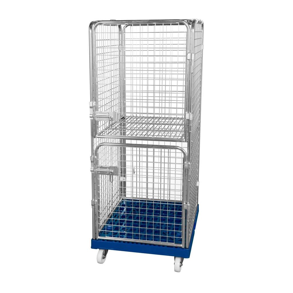 Rollbehälter Classic, 5-seitig, grobmaschig, blau verzinkt, Kunststoff-Rollplatte, HxBxT 1.650 x 724 x 815 mm Produktabbildung: Rollbehälter Classic, 5-seitig, grobmaschig, blau verzinkt, Kunststoff-Rollplatte, HxBxT 1.650 x 724 x 815 mm