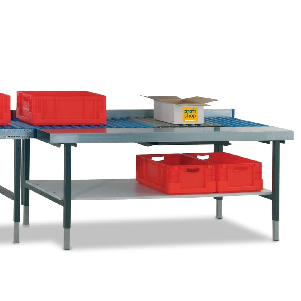 Produktabbildung Nr. 1: Rocholz Manuell höhenverstellbarer Packtisch SYSTEM 2000, mit Rollenbahn, mit Arbeitsfläche und Waage, HxBxT 690-960 x 1.955 x 920 mm
