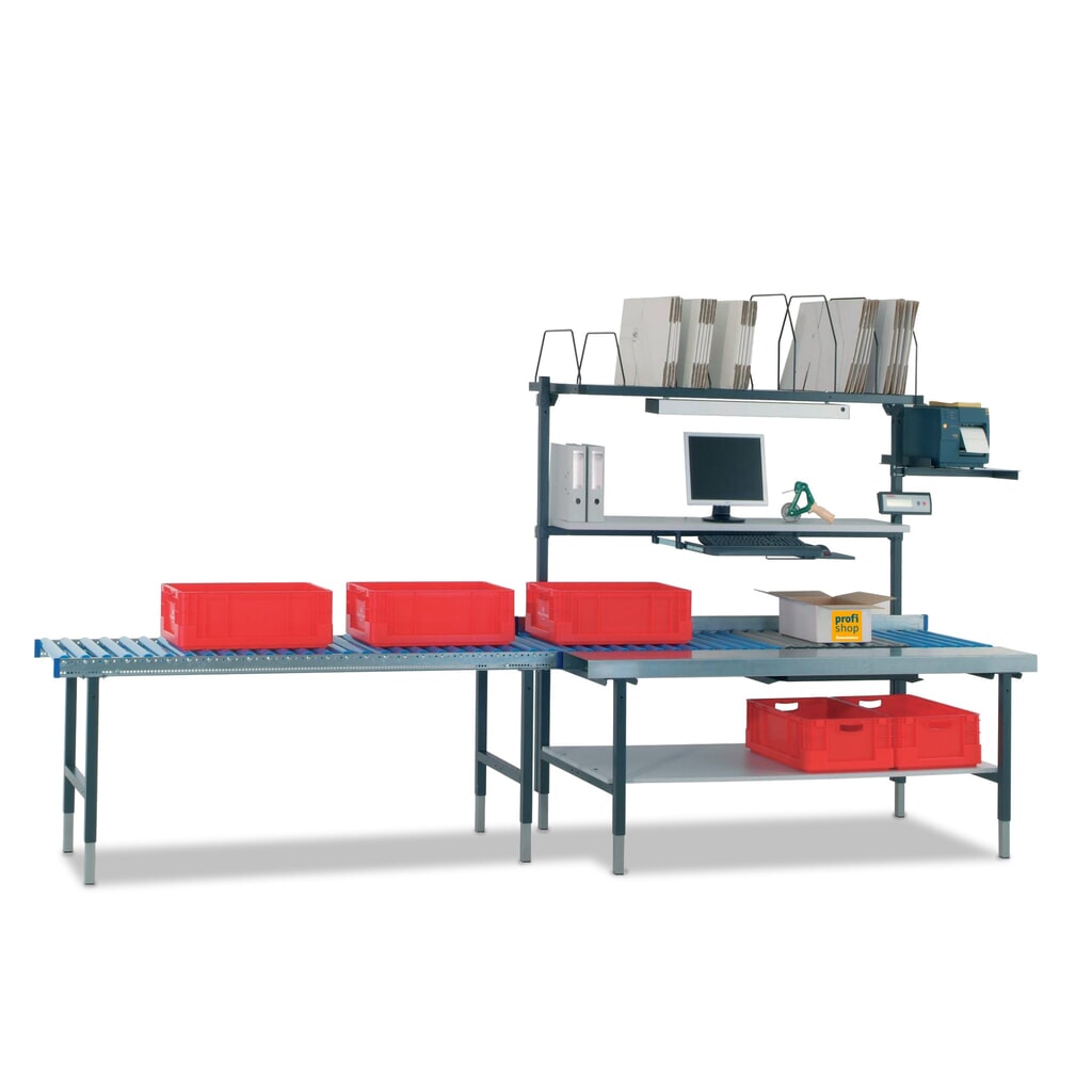Rocholz Manuell höhenverstellbarer Packtisch SYSTEM 2000, mit Rollenbahn, mit Arbeitsfläche und Waage, HxBxT 690-960 x 1.955 x 920 mm Produktabbildung Nr. 2: Rocholz Manuell höhenverstellbarer Packtisch SYSTEM 2000, mit Rollenbahn, mit Arbeitsfläche und Waage, HxBxT 690-960 x 1.955 x 920 mm