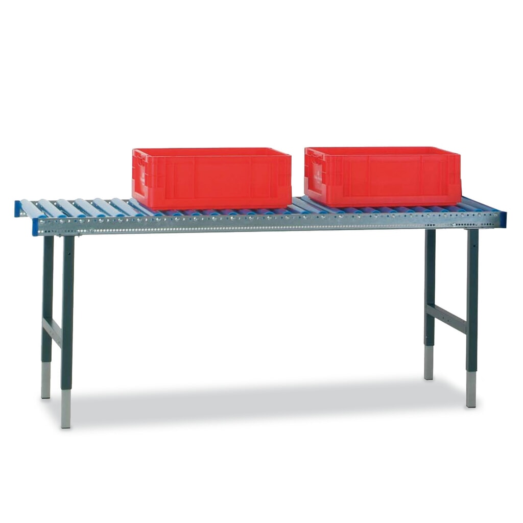 Produktabbildung: Rocholz Manuell höhenverstellbarer Packtisch SYSTEM 2000, mit Rollenbahn, ohne Arbeitsfläche, HxBxT 690-960 x 1.955 x 640 mm